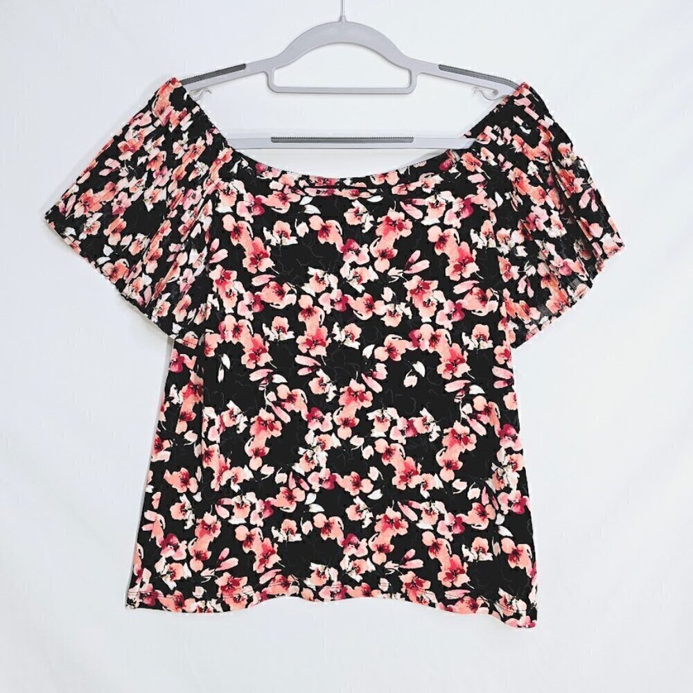 WHITE HOUSE BLACK MARKET Off Shoulder Top size XS BLACK PINK Floral Cute Summer - Picture 2 of 5